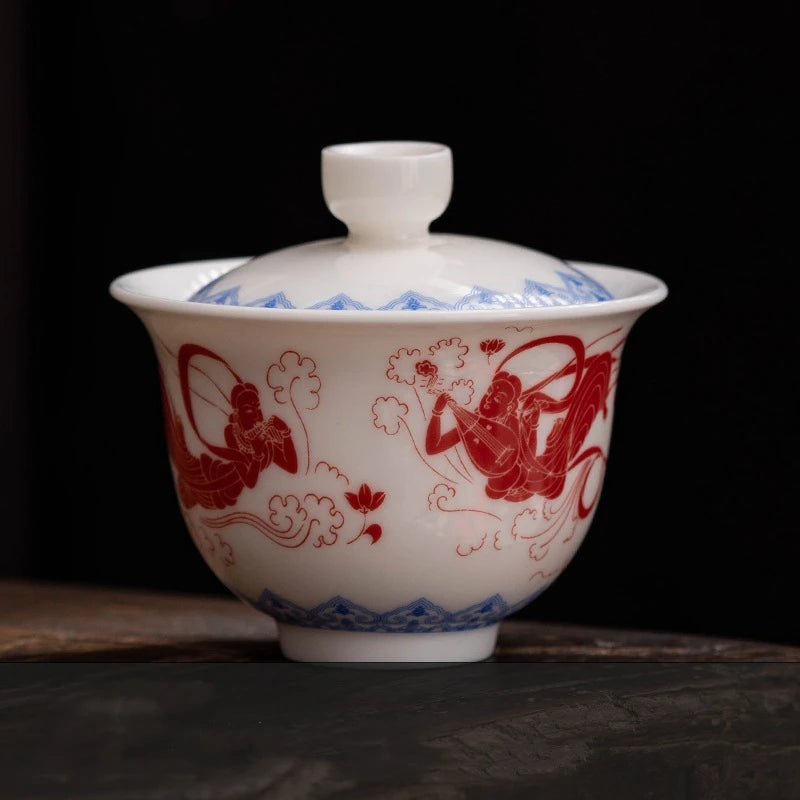 Dunhuang Thousand Buddhas Jade Gaiwan For Tea Porcelain Chinese Tureen Teaware Set Tea Bowl Kung Fu Tea Chawan Tea Cups Lily