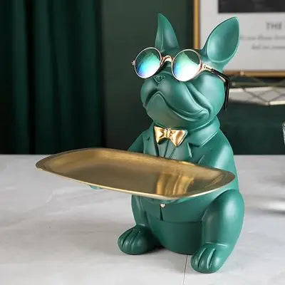ERMAKOVA Nordic French Bulldog Sculpture Dog Figurine Statue Key Jewelry Storage Table Decoration Gift With Plate Glasses