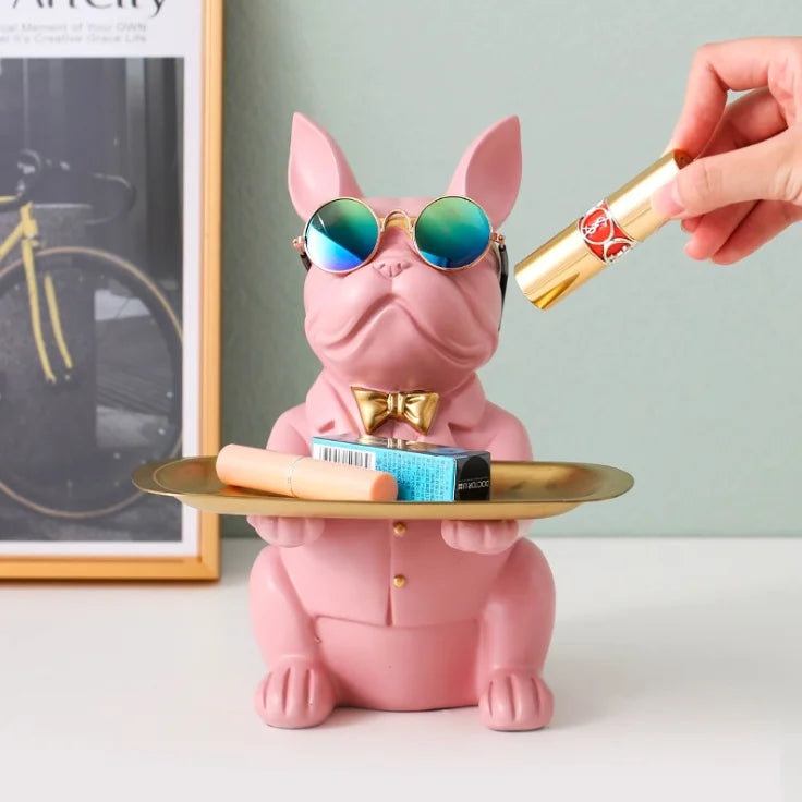 ERMAKOVA Nordic French Bulldog Sculpture Dog Figurine Statue Key Jewelry Storage Table Decoration Gift With Plate Glasses