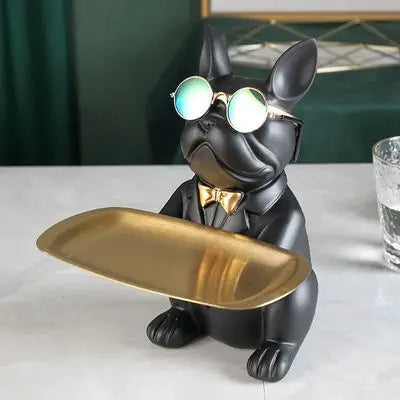 ERMAKOVA Nordic French Bulldog Sculpture Dog Figurine Statue Key Jewelry Storage Table Decoration Gift With Plate Glasses