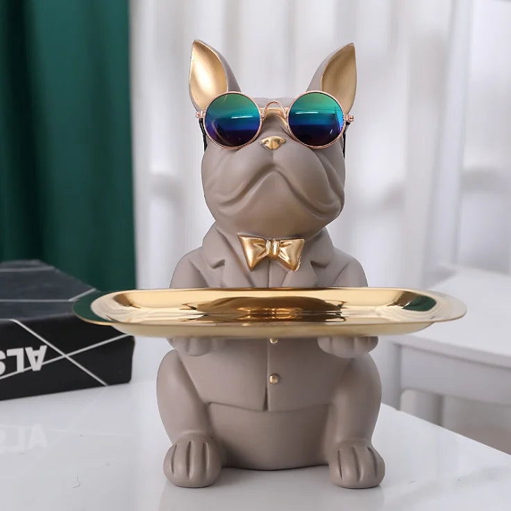 ERMAKOVA Nordic French Bulldog Sculpture Dog Figurine Statue Key Jewelry Storage Table Decoration Gift With Plate Glasses