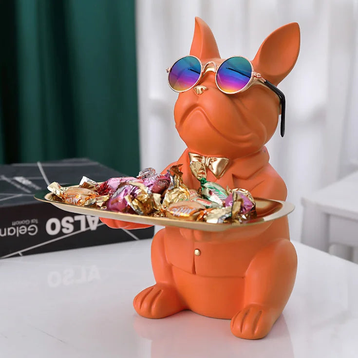 ERMAKOVA Nordic French Bulldog Sculpture Dog Figurine Statue Key Jewelry Storage Table Decoration Gift With Plate Glasses
