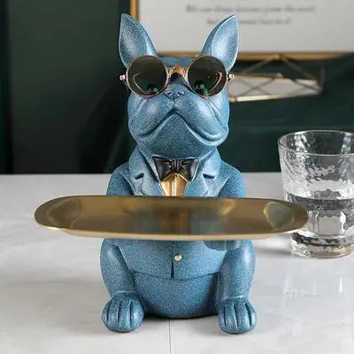 ERMAKOVA Nordic French Bulldog Sculpture Dog Figurine Statue Key Jewelry Storage Table Decoration Gift With Plate Glasses