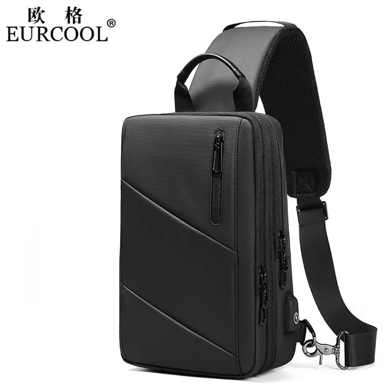 EURCOOL Crossbody Bag Men USB Charging Chest Pack Travel Water Repellent Hand Casual Shoulder Bag