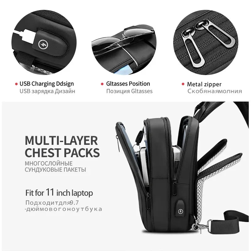 EURCOOL Crossbody Bag Men USB Charging Chest Pack Travel Water Repellent Hand Casual Shoulder Bag