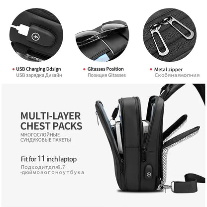 EURCOOL Crossbody Bag Men USB Charging Chest Pack Travel Water Repellent Hand Casual Shoulder Bag