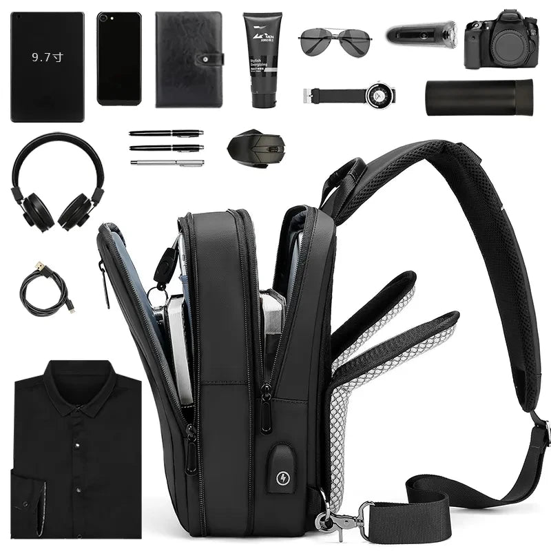 EURCOOL Crossbody Bag Men USB Charging Chest Pack Travel Water Repellent Hand Casual Shoulder Bag