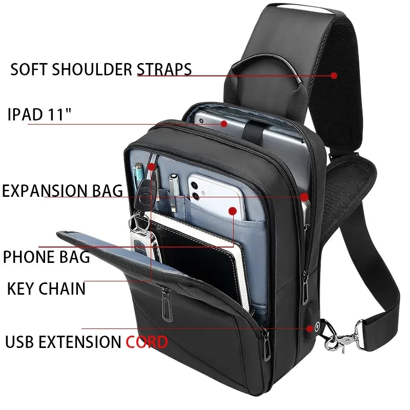 EURCOOL Crossbody Bag Men USB Charging Chest Pack Travel Water Repellent Hand Casual Shoulder Bag