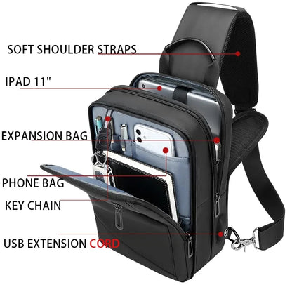EURCOOL Crossbody Bag Men USB Charging Chest Pack Travel Water Repellent Hand Casual Shoulder Bag