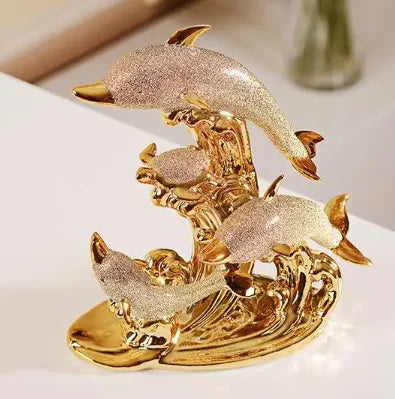 EUROPEAN RESIN ANIMAL ORNAMENTS GOLD DOLPHIN FIGURINES CRAFTS HOME LIVINGROOM TABLE FURNISHINGS DECORATION OFFICE ACCESSORIES