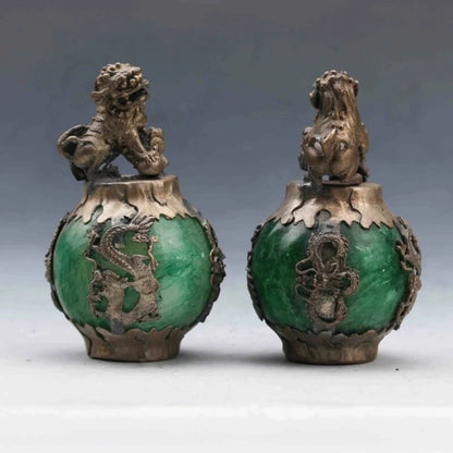 EXQUISITE CHINESE SILVER DRAGON INLAID GREEN JADE HAND CARVED PAIR LION STATUE