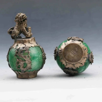 EXQUISITE CHINESE SILVER DRAGON INLAID GREEN JADE HAND CARVED PAIR LION STATUE