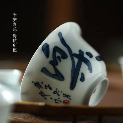 Early foam hand-painted porcelain handwritten calligraphy joy mini tureen hot ceramic kung fu tea cups