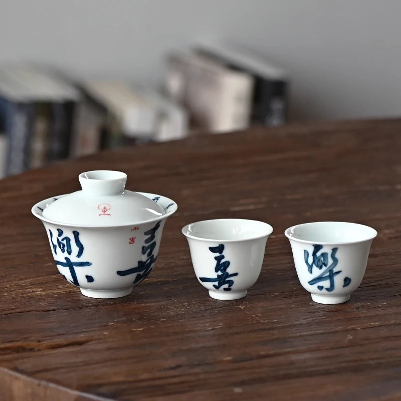 Early foam hand-painted porcelain handwritten calligraphy joy mini tureen hot ceramic kung fu tea cups