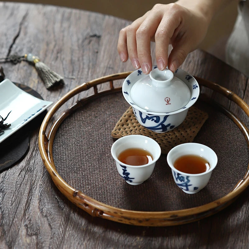 Early foam hand-painted porcelain handwritten calligraphy joy mini tureen hot ceramic kung fu tea cups