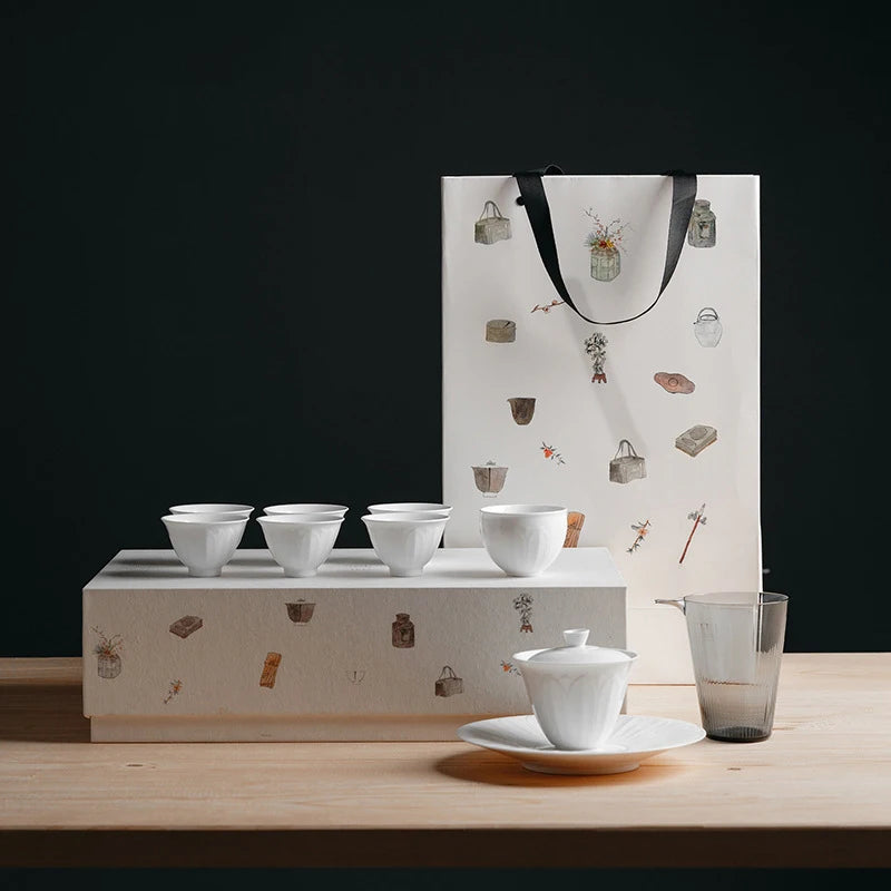 Early foam set of set of jingdezhen tea gift box carved lotus petals hot gift giving kung fu tea