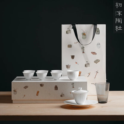 Early foam set of set of jingdezhen tea gift box carved lotus petals hot gift giving kung fu tea