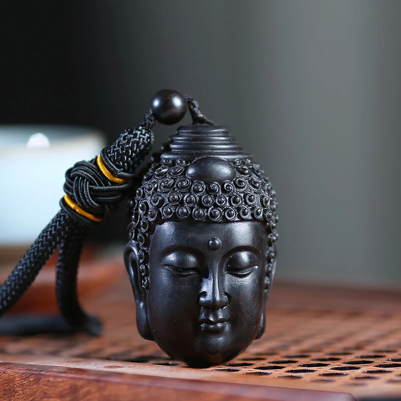 Ebony Guaiacum Wood 6cm Buddha and Demon Sculpture Pendant Wood Carving Statue Feng Shui Car Hanging Home Decor