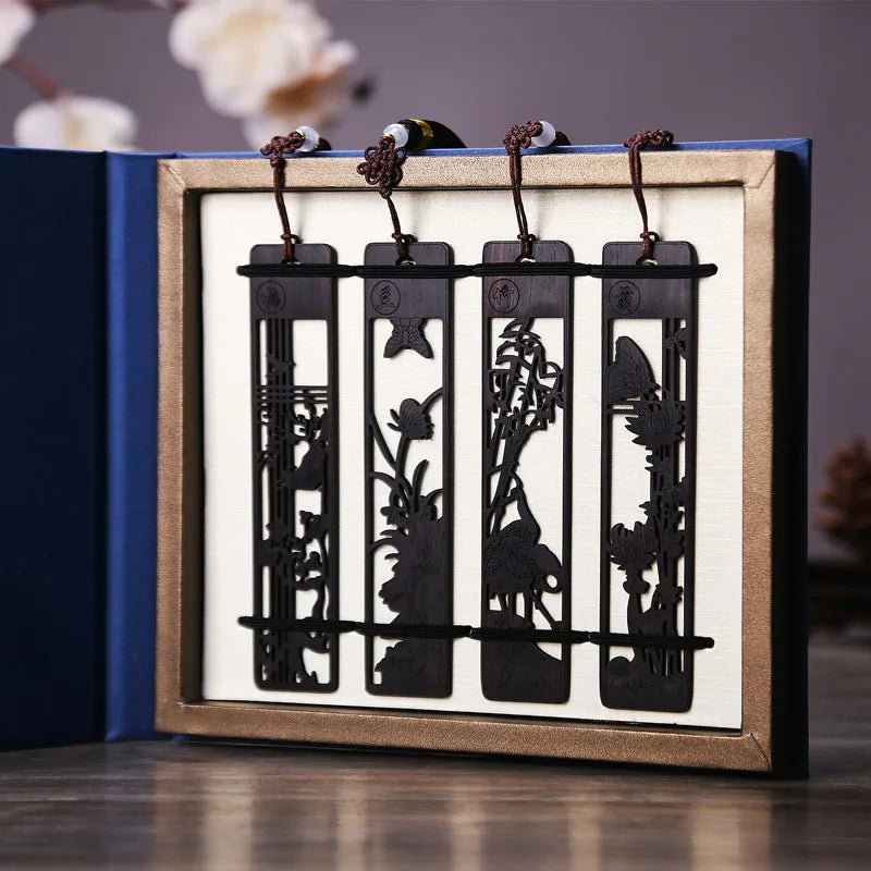 Ebony Wood 14cm Flower Hollow Out Bookmarks Classical Book Pendant Car Hanging Feng Shui Chinese Retro Style Home Decor