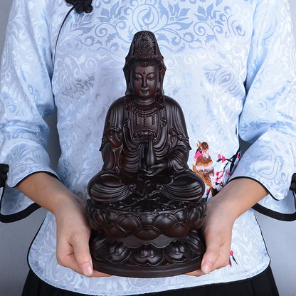 Ebony wood carving Guanyin ornaments solid wood South China Sea Guanyin Buddha sitting lotus bottle Guanyin mahogany