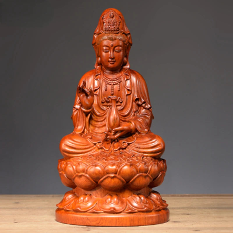 Ebony wood carving Guanyin ornaments solid wood South China Sea Guanyin Buddha sitting lotus bottle Guanyin mahogany