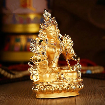 Efficacious Green Tara Tranic Gilding 14cm Gold Buddha Alloy Metal Buddhist Suppliers Home/ Office Decorate Statue Craft