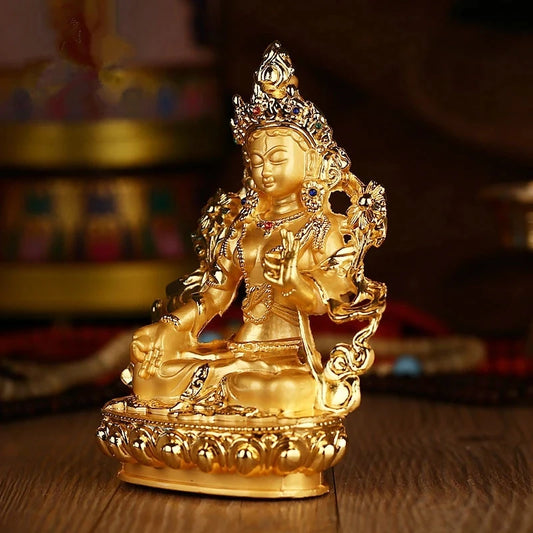 Efficacious Green Tara Tranic Gilding 14cm Gold Buddha Alloy Metal Buddhist Suppliers Home/ Office Decorate Statue Craft