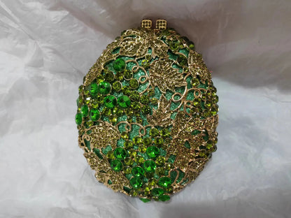 Egg Shape Novelty Green Rhinestone Bag Woman Flower Diamond Floral Evening Purse Wedding Bridal Party Hollow Out Crystal Handbag