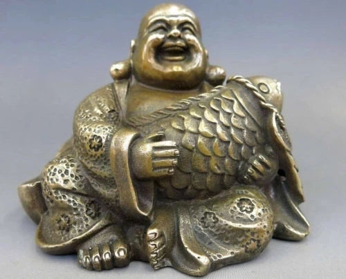 Elaborate Chinese Brass Buddhism Fengshui Fish Money Wealth Maitreya Buddha Statue