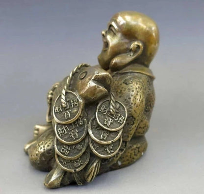 Elaborate Chinese Brass Buddhism Fengshui Fish Money Wealth Maitreya Buddha Statue