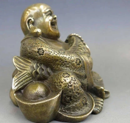 Elaborate Chinese Brass Buddhism Fengshui Fish Money Wealth Maitreya Buddha Statue