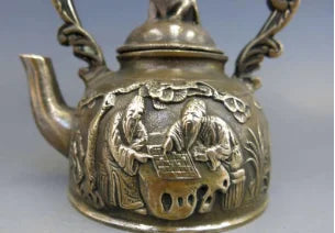 Elaborate Chinese Copper Two Old Man chess water teapot