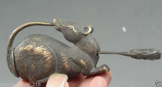 Elaborate Chinese Folk Feng Shui Copper Mouse Statue Sculpture Lock Key