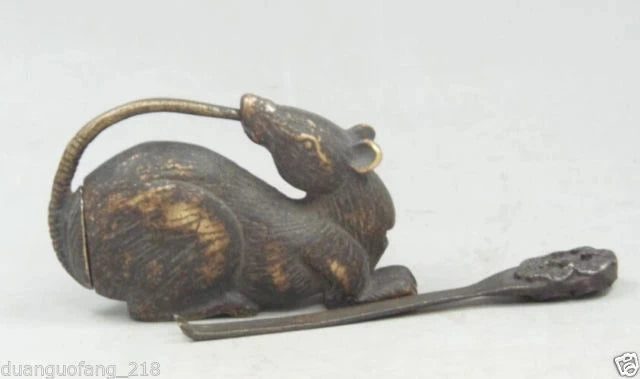 Elaborate Chinese Folk Feng Shui Copper Mouse Statue Sculpture Lock Key