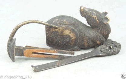 Elaborate Chinese Folk Feng Shui Copper Mouse Statue Sculpture Lock Key