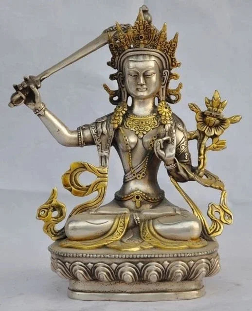 Elaborate Chinese Hand-Carved Tibetan Silver Gilded Tara Buddha Statue