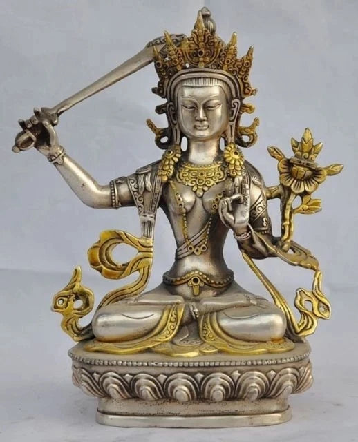Elaborate Chinese Hand-Carved Tibetan Silver Gilded Tara Buddha Statue