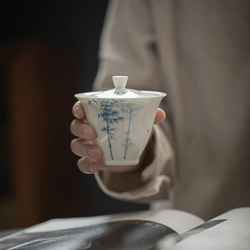 Elegant Bamboo Tea Tureen Chinese Gongfu Teaware Handmade Ceramic Gaiwan for Tea Pigmented High Grade Tea Bowl Cups