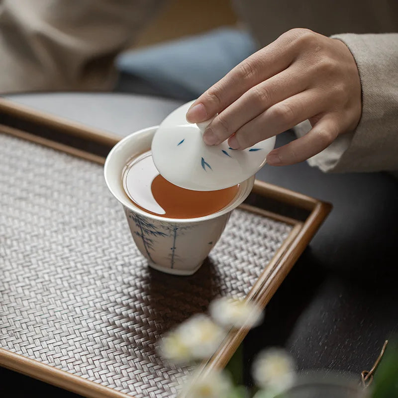 Elegant Bamboo Tea Tureen Chinese Gongfu Teaware Handmade Ceramic Gaiwan for Tea Pigmented High Grade Tea Bowl Cups
