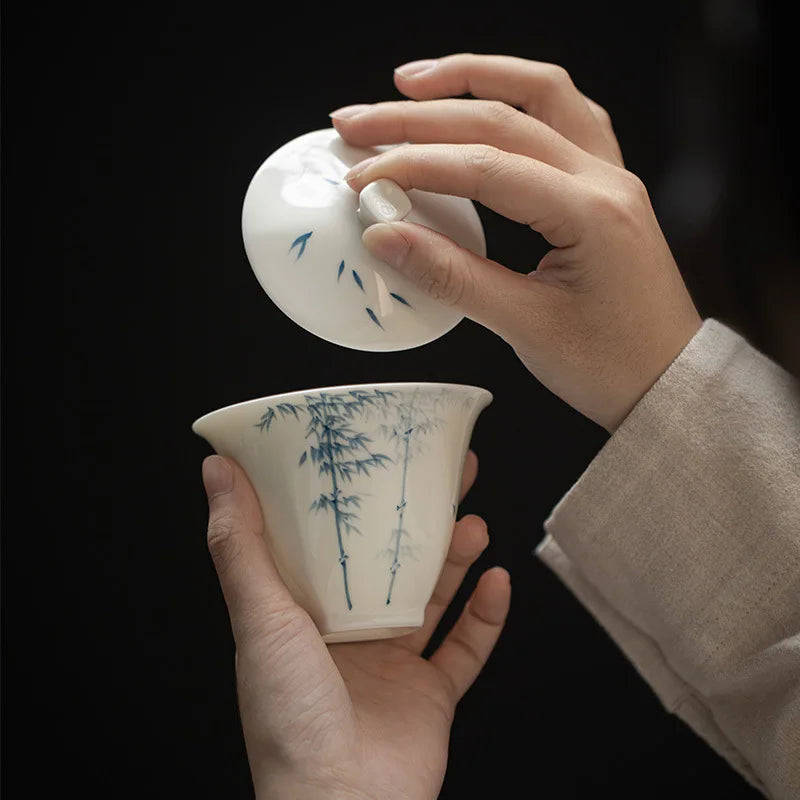 Elegant Bamboo Tea Tureen Chinese Gongfu Teaware Handmade Ceramic Gaiwan for Tea Pigmented High Grade Tea Bowl Cups