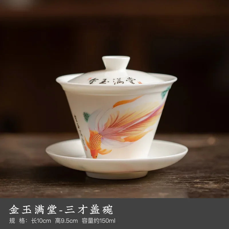 Elegant Ceramic Tea Tureen Chinese Gaiwan Set with Saucers and Strainer Traditional Teaware for Kung Fu Tea Ceremony Tea Cups
