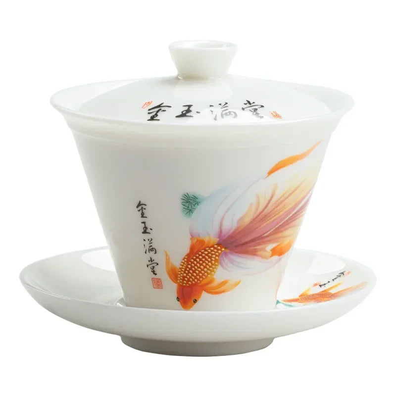 Elegant Ceramic Tea Tureen Chinese Gaiwan Set with Saucers and Strainer Traditional Teaware for Kung Fu Tea Ceremony Tea Cups