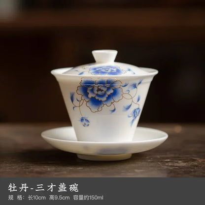 Elegant Ceramic Tea Tureen Chinese Gaiwan Set with Saucers and Strainer Traditional Teaware for Kung Fu Tea Ceremony Tea Cups