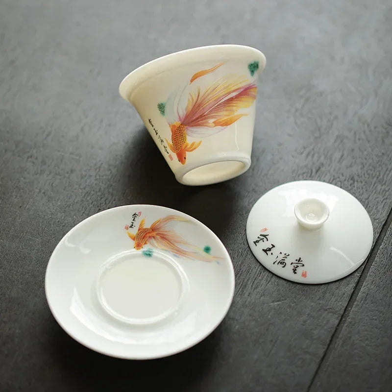 Elegant Ceramic Tea Tureen Chinese Gaiwan Set with Saucers and Strainer Traditional Teaware for Kung Fu Tea Ceremony Tea Cups