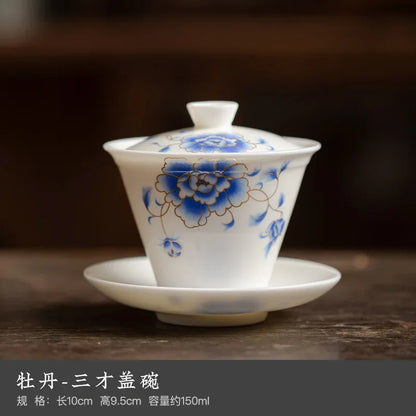 Elegant Ceramic Tea Tureen Chinese Gaiwan Set with Saucers and Strainer Traditional Teaware for Kung Fu Tea Ceremony Tea Cups