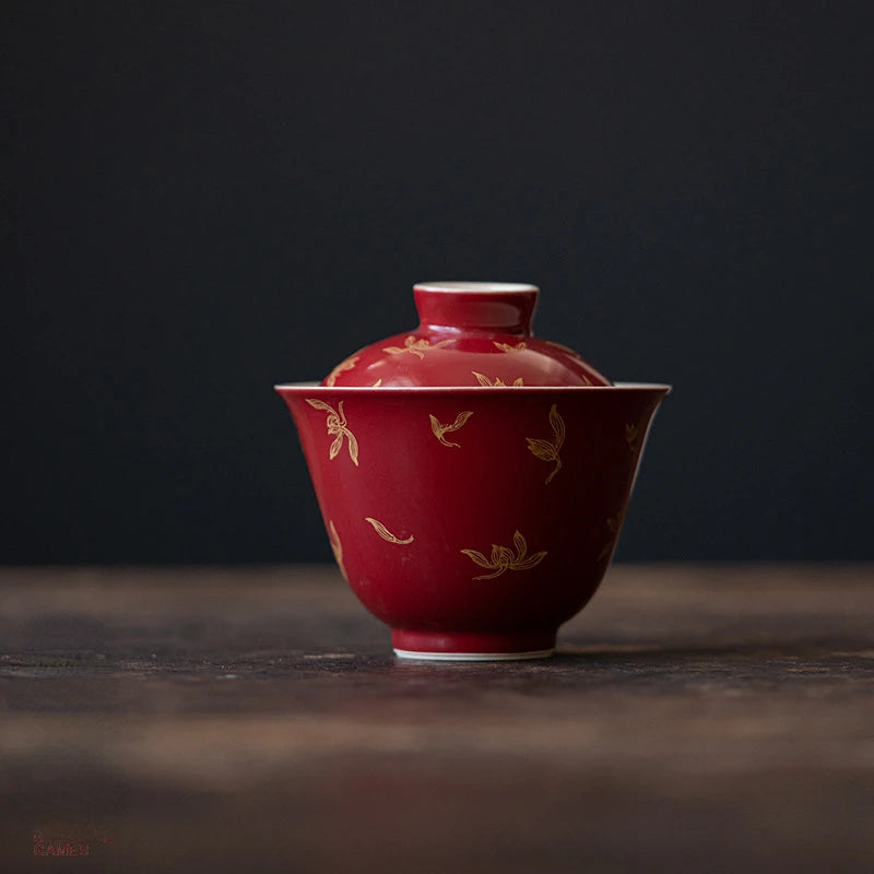 Elegant Chinese Gongfu Gaiwan Ceramic Red Tea Tureen Pigmented Porcelain Tea Bowl Cups High End Teaware Set Teacups