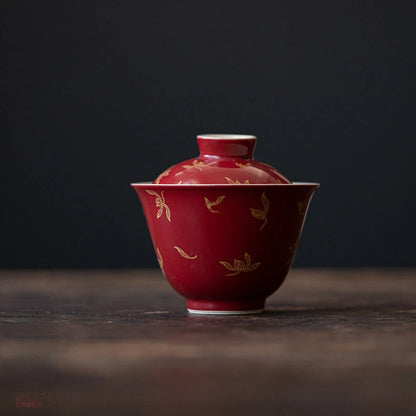 Elegant Chinese Gongfu Gaiwan Ceramic Red Tea Tureen Pigmented Porcelain Tea Bowl Cups High End Teaware Set Teacups