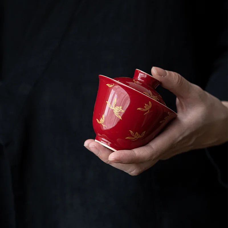 Elegant Chinese Gongfu Gaiwan Ceramic Red Tea Tureen Pigmented Porcelain Tea Bowl Cups High End Teaware Set Teacups