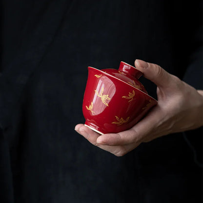 Elegant Chinese Gongfu Gaiwan Ceramic Red Tea Tureen Pigmented Porcelain Tea Bowl Cups High End Teaware Set Teacups