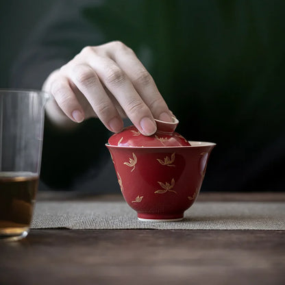Elegant Chinese Gongfu Gaiwan Ceramic Red Tea Tureen Pigmented Porcelain Tea Bowl Cups High End Teaware Set Teacups